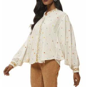 Label Ritu Kumar Off White COTTON Embroidered Shirt Blouse MEDIUM contemporary